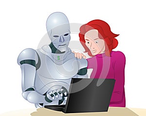 Droid robot helping woman learning laptop