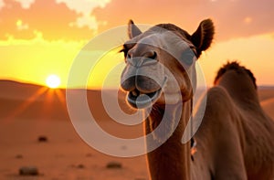 Dromedary camel smiling in the desert at sunset
