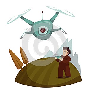 Dron with camera flying and man control it. Vector photo