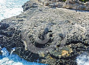 Drone above bay Punta de Sa Guardia Cala Mondrago Mallorca