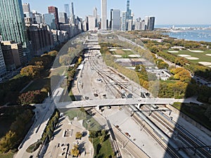 Drone aerial of Chicago skylines on a sunny day, USA