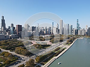 Drone aerial of Chicago skylines on a sunny day, USA