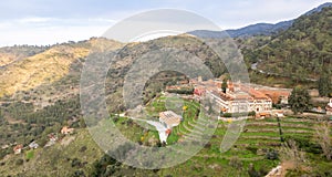 Drone aerial of Christian orthodox monastery of Machairas. Holy places cyprus
