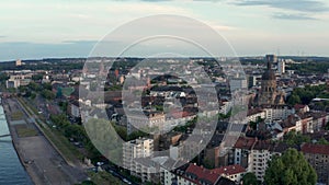 Drone Aerial flight over Mainz from the East Showing Christus Church and Dome of Mainz