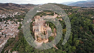 The drone aerial footage of famous Alhambra de Granada, Andalusia, Spain.