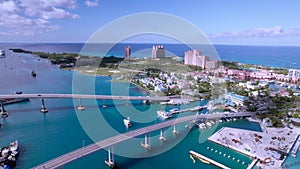 The drone aerial footage of Paradise Island and Nassau port, Bahamas.