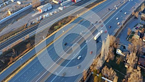 Drone Aerial High Above a Freeway in the Late Afternoon