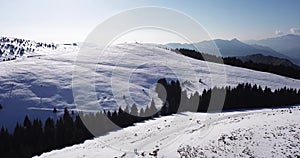 Drone aerial landscape at the Monte Pora ski area in winter season