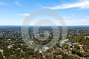 Drone aerial landscape of suburbs looking to Adelaide city