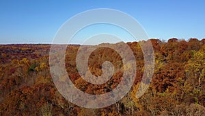 Drone Aerial over rolling hills and gold and amber forests, New England in fall