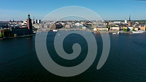 Drone aerial pan shot Stockholm Cityskyline. Summer day in the capital of Sweden