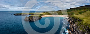 Drone aerial panorama of the beautiful Silver Strand and horseshoe bay at Malin Beg on the Wild Atlantic Way of Ireland