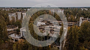 Drone aerial photo of the buildings at abandoned Pripyat ghost town