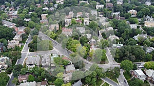 Drone aerial photo of Westmount Montreal, Canada, blue sky, white clouds, buildings