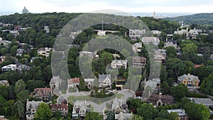 Drone aerial photo of Westmount Montreal, Canada, blue sky, white clouds, buildings