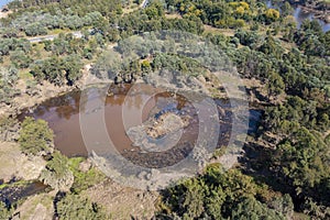 Drone aerial photograph of a polluted lake in Yarramundi Reserve in regional Australia