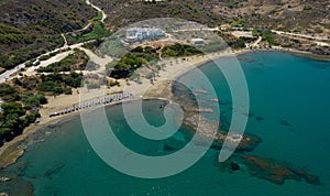 Drone aerial scenery of a sandy bay tropical beach for swimming. Summer vacations