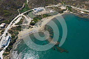 Drone aerial scenery of a sandy bay tropical beach for swimming. Summer vacations