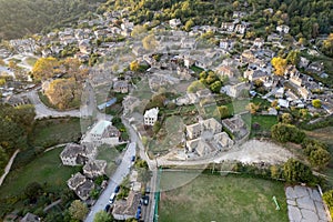 Drone aerial scenery of traditional village of Papingo , Zagorochoria area, in , Epirus, Ioannina Greece.