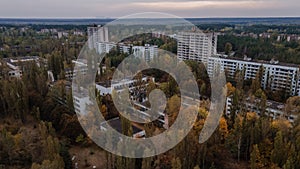 Drone aerial shot of the buildings at abandoned Pripyat ghost town