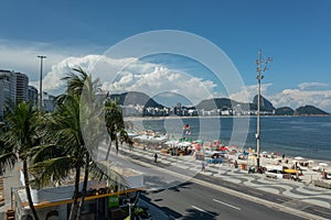 Drone, aerial shot of Copacabana Beach with Sugar Loaf in the background