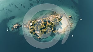 Drone Aerial Of Small Island With Solarization Effect And Duotone Color Scheme