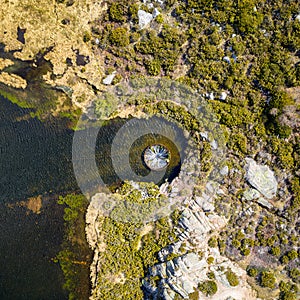 Drone aerial top view of landscape in Covao dos Conchos in Serra da Estrela, Portugal