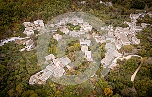 Drone aerial top view of traditional village. Dilofo Central Zagori , zagorochoria area epirus greece