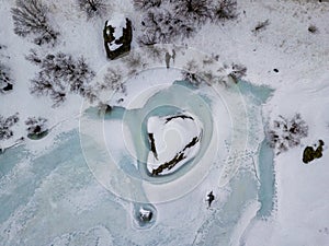 Drone aerial top view of Winter landscape in Lofoten Islands, Norway. Color horizontal photography with amazing abstract effect. S