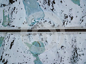 Drone aerial top view of Winter landscape in Lofoten Islands, Norway. Color horizontal photography with amazing abstract effect. S