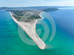 Drone (aerial) view of beautiful beach on Possidi Cape on Kassandra peninsula, Halkidiki (Chalkidiki), Greece