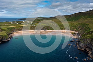 Drone aerial view of the beautiful Silver Strand and horseshoe bay at Malin Beg on the Wild Atlantic Way of Ireland