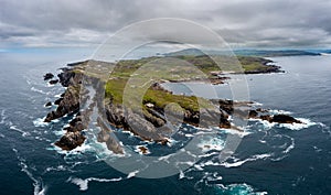 Drone aerial view of the beautiful Silver Strand and horseshoe bay at Malin Beg on the Wild Atlantic Way of Ireland