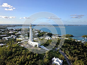 The drone aerial view of Bermuda islands and the Gibbs hill lighthouse.