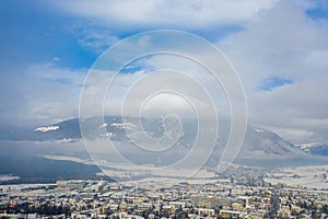 Drone aerial view of Bruneck in winter, Italy