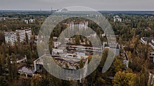 Drone aerial view of the buildings at abandoned Pripyat ghost town