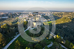 Drone aerial view on Castle of Sesimbra in Setubal district in Portugal photo