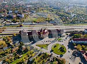 Drone aerial view in city on the Uzhgorod railway station in Zakarpattya
