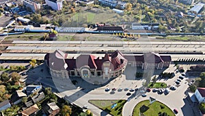 Drone aerial view in city on the Uzhgorod railway station in Zakarpattya