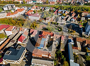 Drone aerial view city Uzhgorod in the residential area in Zakarpattya