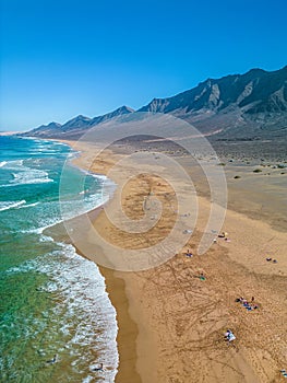 The drone aerial view of Cofete beach in Fuerteventura Island, Canary Islands, Spain.