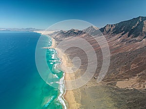 The drone aerial view of Cofete beach in Fuerteventura Island, Canary Islands, Spain.