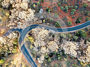 Drone Aerial View Of A Desert Landscape With A Curvy Road Running Through It In The American Southwest