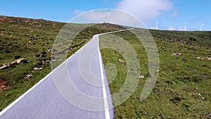 Drone aerial view of empty road in Costa Artabra in Galicia