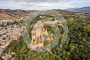 The drone aerial view of famous Alhambra de Granada, Andalusia, Spain.