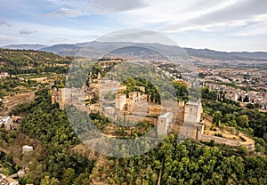 The drone aerial view of famous Alhambra de Granada, Andalusia, Spain.