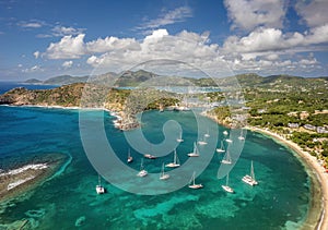 The drone aerial view of Galleon Beach, Freeman\'s Bay and English Harbor in Antigua.
