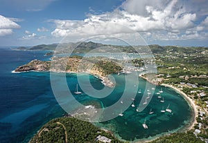 The drone aerial view of Galleon Beach, Freeman\'s Bay and English Harbor in Antigua. photo