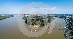The drone aerial view of Great War Island, Serbia
