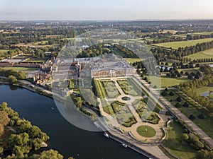 The drone aerial view of  Hampton court palace